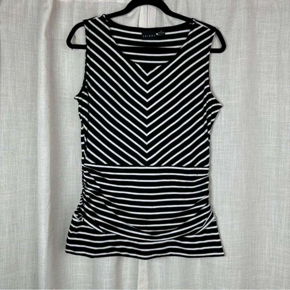Tribal Womens Medium Black White Chevron Striped Tank Top Ruched Waist Work Chic